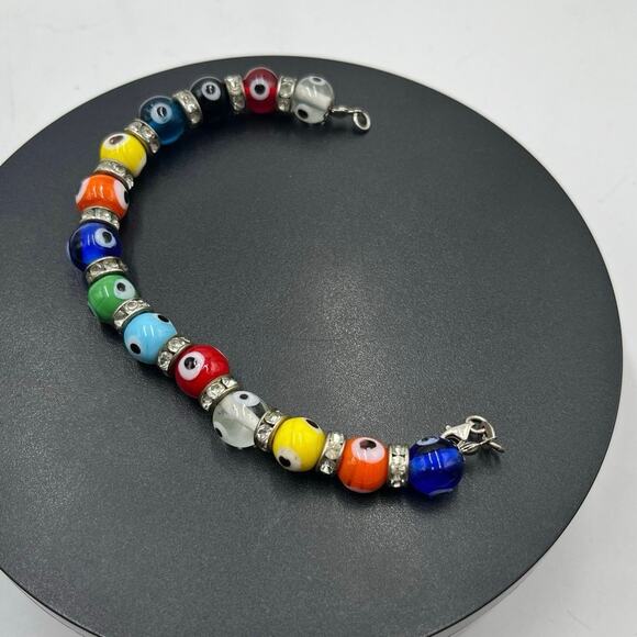 Sterling Silver Evil Eye Multicolor Glass Beads Rhinestone Protection Bracelet - Picture 2 of 10
